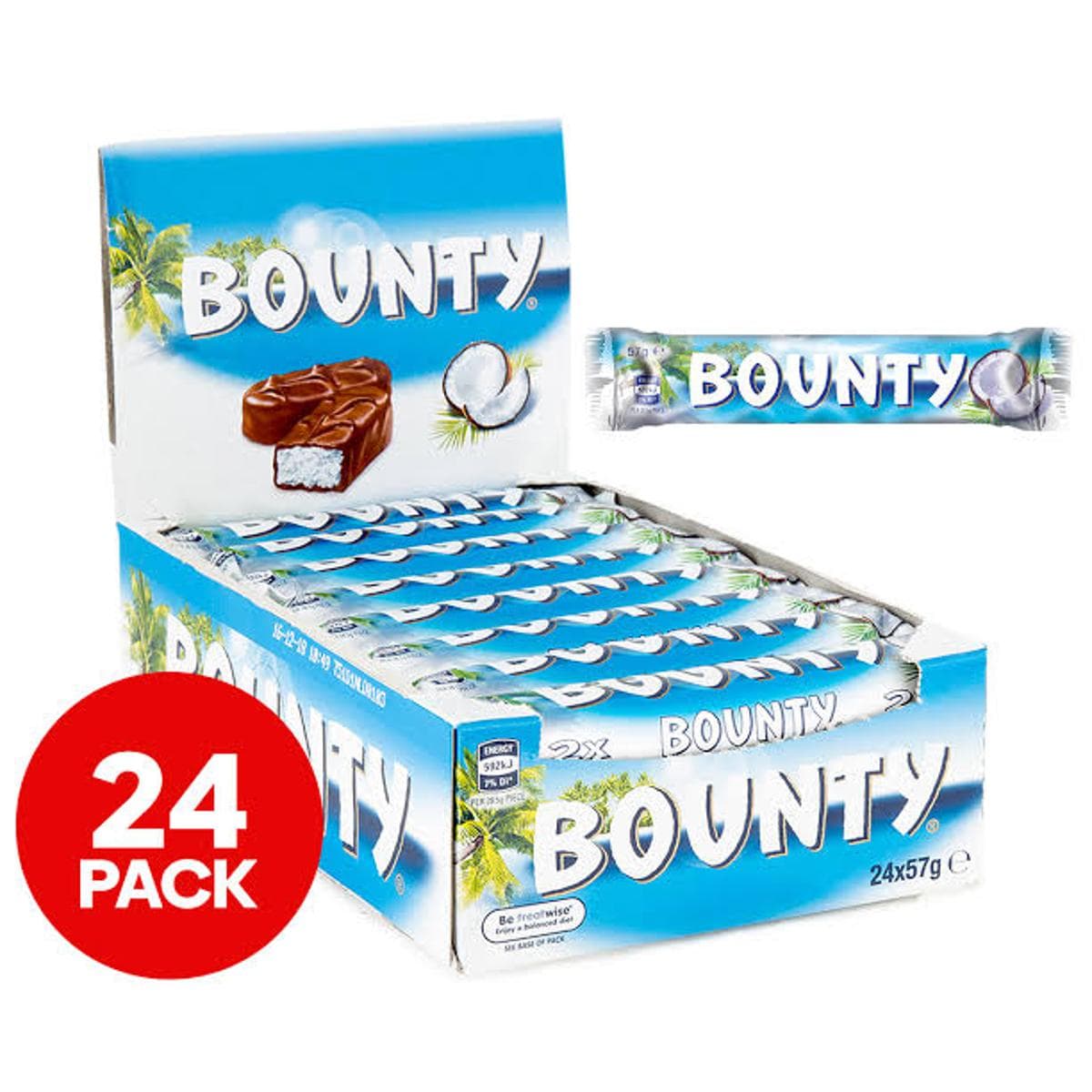 Bounty Coconut & Milk Chocolate Box, Bulk Chocolate Bars, Duo 57g (24)